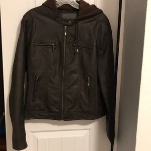 Brown “leather” jacket with hood